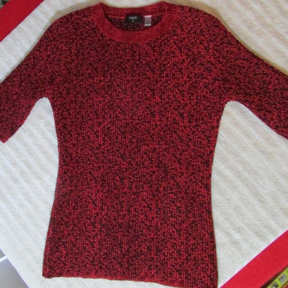 Tahari Plush Velour Sweater Red / Black Short Sleeve - Picture 3 of 6